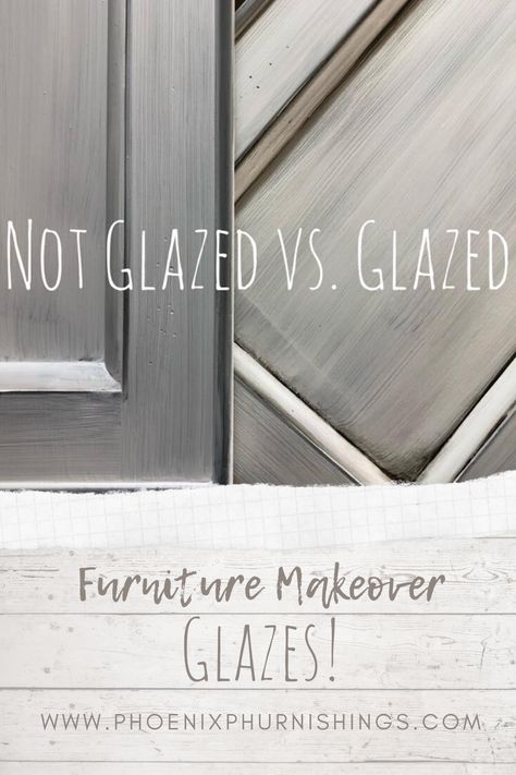 To glaze or not to glaze, that is the question after you've finished painting your piece of furniture. Do you want to add character but are a little unsure how to proceed? Check out what glazed and non glazed pieces look like side by side. Ready to glaze? Read our quick blog post for pro-tips to boost your confidence and help you achieve your DIY furniture refinishing makeover dreams! Glaze Vs Wax Furniture, How To Make Furniture Glaze, White Cabinets With Gray Glaze, Antique Gray Paint, Grey Glazed Cabinets, How To Glaze Kitchen Cabinets, Paint Glaze Furniture, Glaze Cabinets Before And After, Rustoleum Decorative Glaze