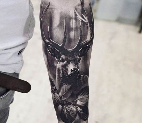 15+ Realistic Deer Tattoo Ideas Deer Cover Up Tattoo, Deer Arm Tattoo, Deer Tattoo Men, Deer Tattoo Design, Realism Animal Tattoo, Stag Tattoo Design, Antler Tattoos, Elk Tattoo, Moose Tattoo