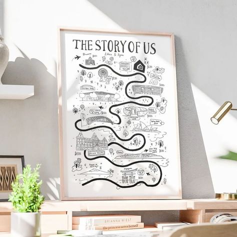 Introducing our breathtakingly bespoke "The Story of Us" custom illustration, a timeless masterpiece tailored for couples who've woven their lives into a tapestry of shared adventures and cherished memories. Whether it's a milestone birthday, a heartwarming anniversary celebration, or a radiant wedding gift, this personalised artwork is designed to capture the essence of your unique journey as a couple, etching your story into the annals of time. Get your unique love story transformed into yo... The Story Of Us Wedding, Custom Couple Gifts, Cute Couple Projects, Map Of Us Couple, Cute Wedding Gifts For Couple, Couple Anniversary Ideas, Couple Poster Design, Story Of Us Wedding, Memories Illustration