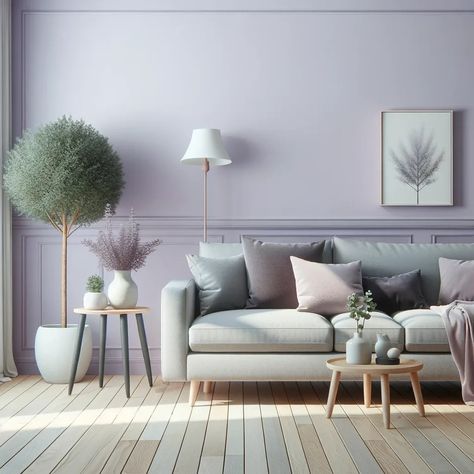 gray couch with lavender walls Purple Living Room Color Scheme, Lavender Walls Living Room, Grey And Lavender Living Room, Light Purple Living Room, Lilac Living Room, Lavender Living Room, Bedroom Interior Colour, Grey Walls White Trim, Light Purple Walls