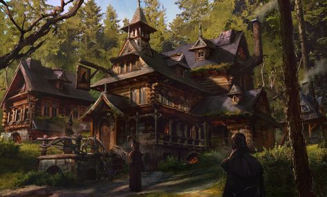 The Witch's Inn, Eddie Mendoza on ArtStation at https://www.artstation.com/artwork/Ka9me4 Fantasy Inn, Water Temple, Fantasy Town, Fantasy Stuff, Level Design, 다크 판타지, Fantasy House, Fantasy City, Fantasy Places