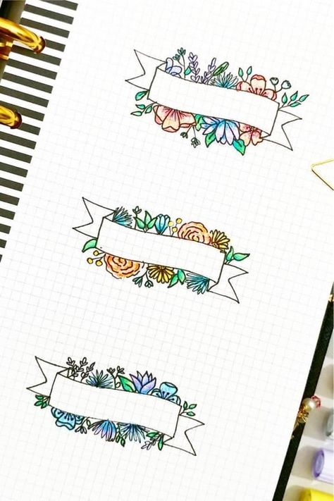 Title Decoration Ideas, Doodle Art Journals Ideas, Note Book Decoration Ideas, Bullet Journal Drawing Ideas, Journal Banner Ideas, Bujo Banners, Doodle Decoration, Bullet Journal Drawings, Bujo Decoration