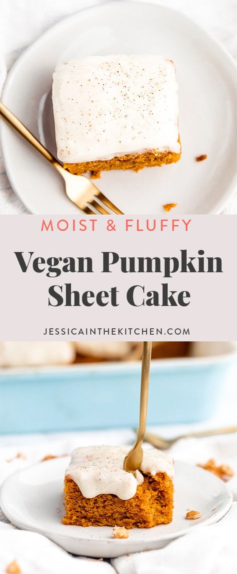 This Vegan Pumpkin Sheet Cake is going to be your new FAVOURITE seasonal cake! It's the perfect mix of moist, fluffy and spiced! It's so easy to make & read on for all the tips to make your best sheet cake pan ever! Vegan Pumpkin Sheet Cake, Pumpkin Cake Vegan, Vegan Sheet Cake, Vegan Pumpkin Cake, Best Pumpkin Cake, Fall Recipes Snacks, Pumpkin Cake Recipe, Vegan Chocolate Cake Recipe, Pumpkin Food