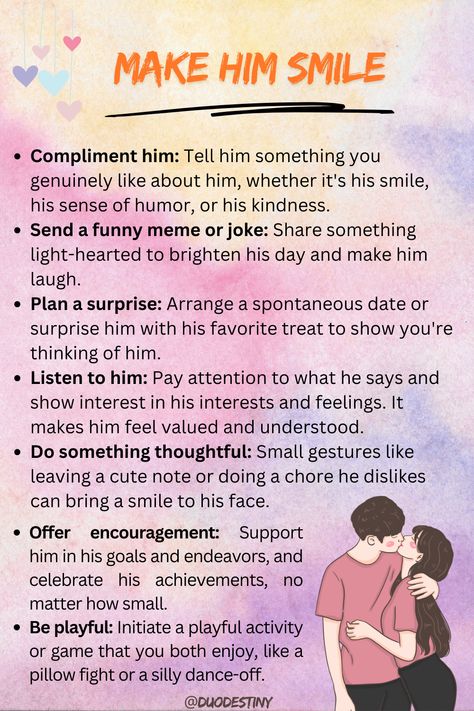 "Spread joy and warmth with these sweet gestures that are sure to make him smile! 😊 #MakeHimSmile #SpreadJoy #RelationshipGoals #LoveLanguage #Happiness #Kindness" Smile Compliments, Sweet Gestures, Cute Notes, Love Advice, Love Languages, Simple Way, Relationship Quotes, Relationship Goals, Something To Do