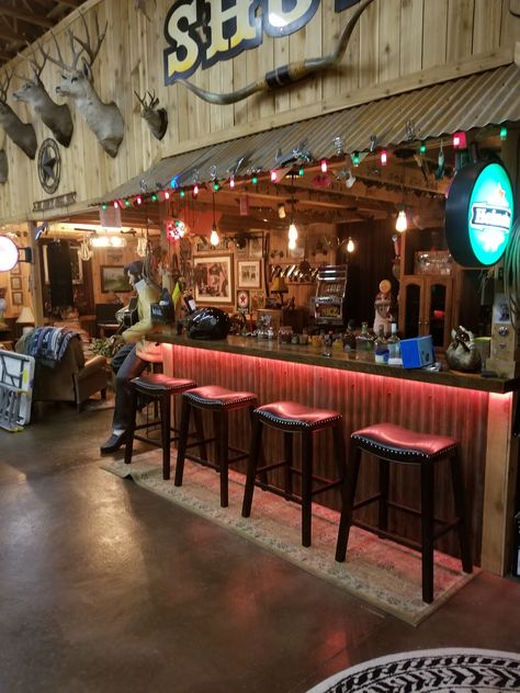 Shop With Bar Area, Barndominium Bar Ideas, Rustic Bar Interior, Barndominium Bar, Pole Barn Man Cave Ideas, Country Bar Ideas, Western Bar Ideas, Pole Barn Bar, Saloon Bar Ideas