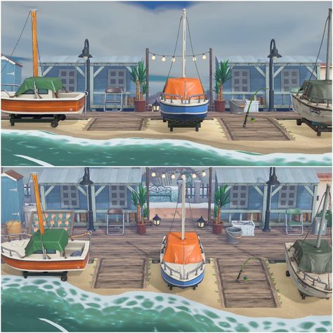 Acnh Port Design, Acnh Pier Design Code, Acnh Yacht Dock Ideas, Beach City Animal Crossing, Acnh Shipping Port, Acnh Nautical, Animal Crossing Pier Design, Yatch Ideas Acnh, Nautical Animal Crossing