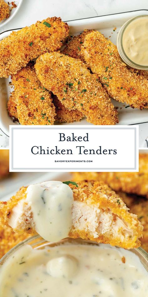 These EASY crispy Baked Chicken Tenders incorporate panko and mayo so they're super crunchy yet incredibly moist! Essen, Chicken Tenders With Mayo And Panko, Crispy Baked Chicken Tenders, Panko Chicken Tenders, Chicken Tender Recipe, Chicken Tender Recipes Baked, Tender Recipes, Oven Baked Chicken Tenders, Chicken Strip Recipes