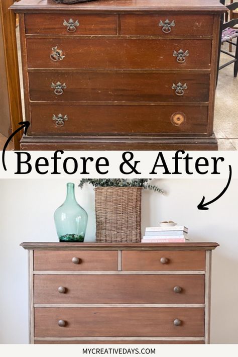 Turn an old dresser into a stylish modern piece with our DIY Pottery Barn dresser makeover! This project shows you how to achieve that classic DIY Pottery Barn finish, perfect for any skill level—whether you're new to upcycled home décor or an expert in DIY furniture makeovers. It's an easy way to add a trendy touch to your home! Refinished Vintage Dresser, 80s Dresser Makeover, Tall Dresser Makeover Diy Repurposing, Dresser Flips Before After, Old Dresser Makeovers, Pottery Barn Dresser, Barn Dresser, Modern Dresser Makeover, Refurbished Dresser