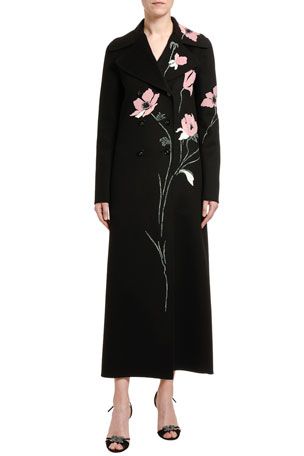 B5CL0 Valentino Compact Wool-Cashmere Floral Embroidered Coat Woman Suit Fashion Party, Party Hijab, Abaya Designs Latest, Twill Coat, Woman Suit, Valentino Clothing, Study Better, Embroidered Coat, Mode Abaya