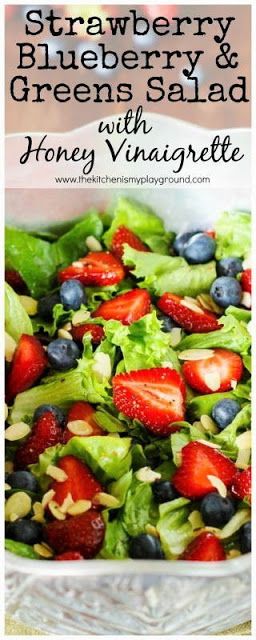 Strawberry, Blueberry & Greens Salad with Honey Vinaigrette ~ as tasty as it is beautiful!  www.thekitchenismyplayground.com Honey Strawberry, Honey Salad, Ww Salads, Honey Vinaigrette, Lettuce Salad Recipes, Blueberry Salad, Greens Salad, Romaine Salad, Green Salad Recipes