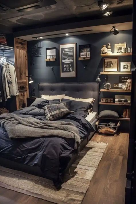 Mens Bedroom Ideas Masculine Interior Men’s Loft Bedroom, Mens Bedroom Ideas Minimalist, 20 Year Old Guys Bedroom Ideas, Small Bedroom Ideas For Men Modern, Male Apartment Ideas, Bedroom Men Aesthetic, Young Men’s Apartment, Young Men Room Ideas Bedrooms, Masculine Bedroom Bedding For Men