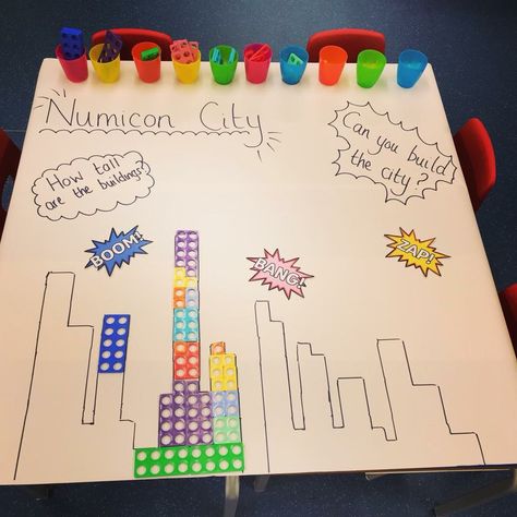 Number Activities Year 1, Supertato Maths Eyfs, Numicon City Tuff Tray, Year 2 Maths Activities, Maths Areas Eyfs, Superhero Maths Activities Eyfs, Superhero Continuous Provision, Year 1 Superhero Activities, Maths Activities Year 1