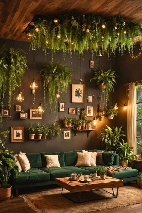 Inside Plant Wall Ideas, Moody And Bright Interior Design, Green Boho Living Room Decor, Zen Apartment Living Room, Nature Office Ideas, Dark Green Ceiling Living Room, Botanical Old World Aesthetic, Boho Office Inspiration, Speakeasy Room Ideas Bohemian