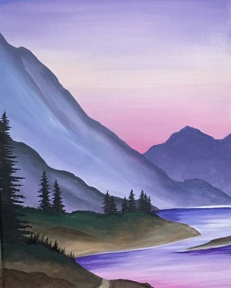 Painting View Nature, View Painting Easy, Muse Paintbar, Sunset Canvas Painting, Easy Landscape Paintings, Sunrise Painting, Small Canvas Paintings, Canvas Painting Designs, Landscape Art Painting