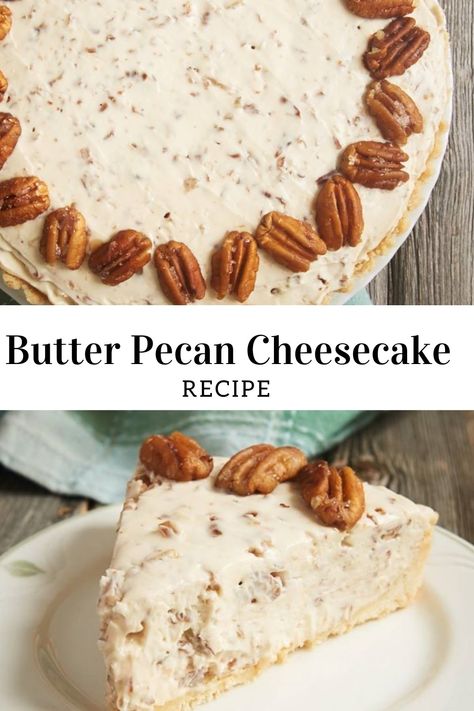 INGREDIENTS:  FOR THE CRUST:  1  1/4 cups all-purpose flour 1/2 cup granulated sugar 1/4 teaspoon salt 1/2 cup unsalted butter, cold and cut into 1/2-inch cubes FOR THE PECANS:  2 cups pecan halves and pieces 2 tablespoons unsalted butter 3 tablespoons granulated sugar pinch of salt The Whole recipe in the link Butter Pecan Cheesecake Recipe, Pecan Cheesecake Recipes, Butter Pecan Cheesecake, Pecan Pie Cheesecake Recipe, Pecan Halves, Pecan Cheesecake, Pecan Ice Cream, Baked Cheesecake Recipe, Easy Cheesecake Recipes