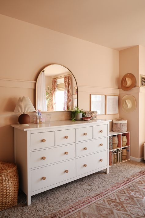 Benjamin Moore Raleigh Peach Peach Paint Colors, Peach Rooms, Peach Bedroom, Cottage Core Room, Peach Paint, Peach Walls, Airy Room, Paint Colors Benjamin Moore, Pink Bedrooms