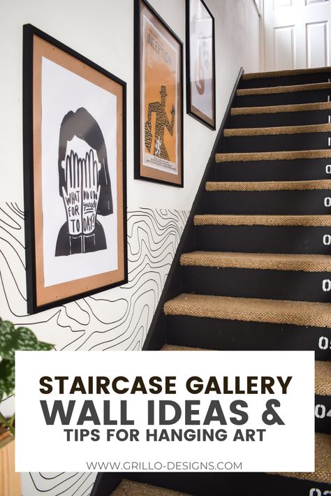 How to hang art for a staircase gallery wall idea pinterest graphic Wall Art On Stairs, Style A Staircase Wall, Wall Art Going Up Stairs, Stairwell Wall Ideas Paint, Ideas For Staircase Wall Decor, Art For Staircase Wall, Art Along Staircase, High Wall Staircase Decor, Arrange Art On Wall