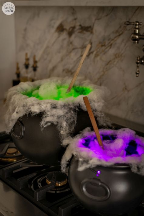 DIY Self-Stirring Cauldron by The Navage Patch | Halloween props | DIY Halloween decorations | Easy Halloween crafts | Halloween decorations ideas DIY | Halloween witch ideas | DIY witch cauldron | Light up halloween decorations | #TheNavagePatch | #Halloween | TheNavagePatch.com Halloween Crafts Cauldron, Diy Witch Trunk Or Treat, The Navage Patch Halloween, Witches Cauldron Decoration Ideas, Halloween Decorations Cauldron, Diy Apothecary Decor, Self Stirring Cauldron, Witch Cauldron Diy, Diy Cauldron Halloween Prop