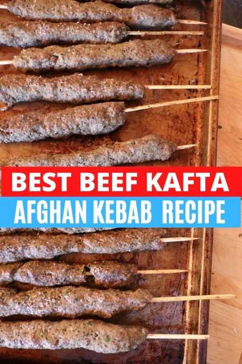 Looking to learn how to make one of the best authentic Afghan dishes? Kabob, Kafta, Kofta and Kefta is an ancient Arabic food featuring ground meat flavoured with fresh herbs and spices. Our easy traditional Beef Kebab recipe can be grilled or baked on skewers over a barbecue or in the oven and served with a healthy salad or Middle Eastern dips like hummus and tahini. If you're looking to serve Afghan food for a crowd, we've got you covered! Afghan Ground Beef Recipes, Lebanese Kefta Recipe, Beef Kafta Recipe, Baked Kafta Recipe, Ground Beef Kabobs In Oven, Beef Kafta In Oven, Ground Beef Kabob Recipes, Beef Skewers In Oven, Beef Kafta Kabob Recipe