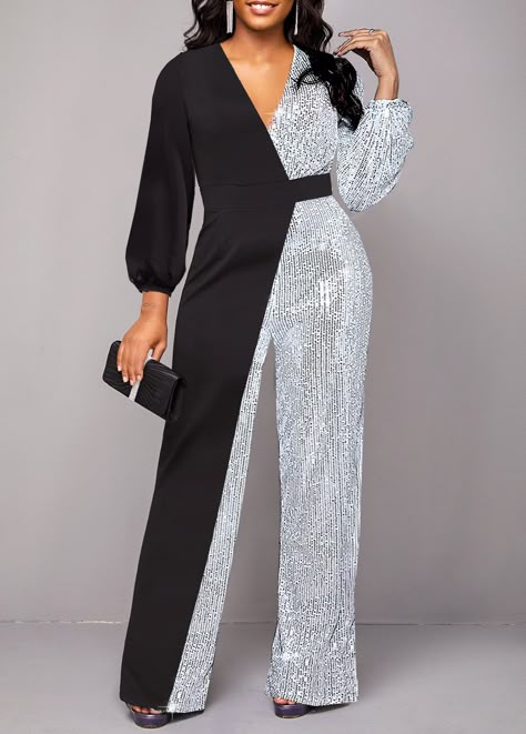 ROTITA Sequin Black Long V Neck Jumpsuit | Rotita.com - USD $47.98 Long Black Jumpsuit, George Straight, Seafood Sauce, V Neck Jumpsuit, Classy Jumpsuit, 2piece Outfits, Trendy Jumpsuit, Long Jumpsuit, Sequin Jumpsuit