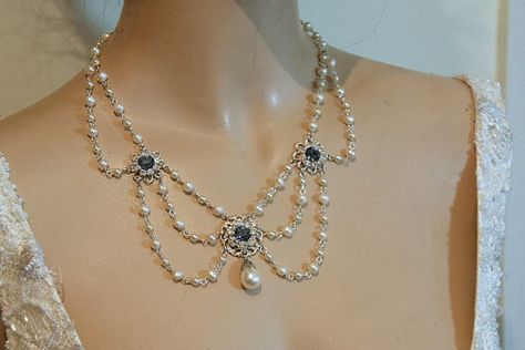 Victorian Style Blue Necklaces For Formal Occasions, Blue Victorian Necklace For Formal Occasions, Vintage Blue Jeweled Necklaces, Handmade Victorian Blue Necklace, Luxury Victorian Pearl Necklace, Wedding Pearl Necklace, Wedding Choker Necklace, Prom Necklaces, Sapphire Stones