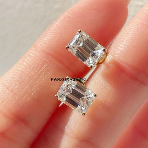 Emerald Cut Stud Earrings, Engagement Gifts For Him, Unique Studs, Dainty Wedding, Diamond Solitaire Earrings, Stud Earrings Unique, Emerald Cut Moissanite, Gold Anniversary, Solitaire Studs