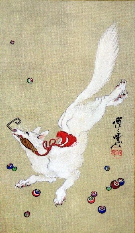 White fox. Kawanabe Kyosai. Japanese Japanese Animal Illustration, Japanese Fox Illustration, Inari Fox Tattoo, Kitsune Japanese Art, Fox Japanese Art, Japanese Fox Art, Japanese Animal Tattoo, Japanese Fox Tattoo, Japanese Animal Art