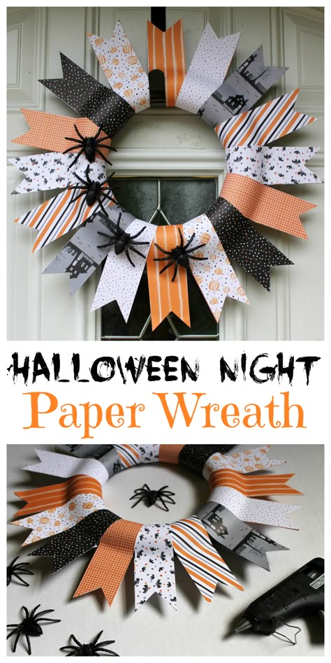 Check out the tutorial and learn how to make this Halloween Paper Wreath. [sponsored] Wreath Out Of Paper, Halloween Wreath Craft For Kids, Paper Wreaths Ideas, Halloween Paper Crafts For Adults, Diy Halloween Paper Crafts, Halloween Cardstock Crafts, Halloween Paper Wreath, Halloween Wreath Kids Craft, Autumn Paper Crafts