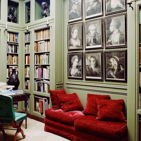 Richard Shapiro Studiolo on Instagram: “I love the improbable combination of the garnet red banque against the apple green boiserie in this 18-century apartment on the Left Bank…” Richard Shapiro, Red Sofa Living Room, Red Couch Living Room, London Home Decor, Green Interior Decor, Red Interior Design, Earthy Home Decor, Green Interior Design, Red Couch