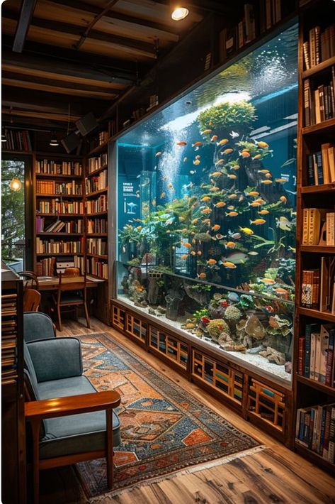 Library With Aquarium, Aquarium For Living Room, House Aquarium Ideas, In House Aquarium, Bookshelf Fish Tank, Aquarium In House Living Rooms, Office With Fish Tank, Library Aquarium, Aquarium Library