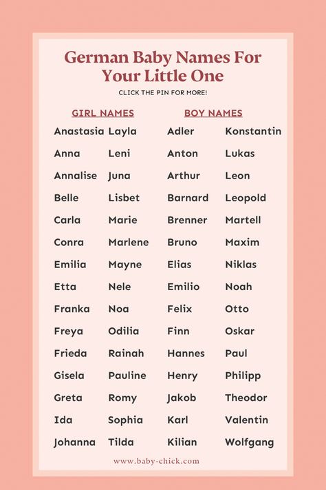 Whether you have German ancestry or are interested in the cultural diversity of Germany, we have a list of German baby names and meanings for you to look through to find the perfect name. Click the pin for the full list! 🙌💖 German Male Names, German Names And Meanings, Germanic Names, German Names Girl, German Names Boy, Interesting Baby Names, German Nicknames, German Girl Names, German Boy Names