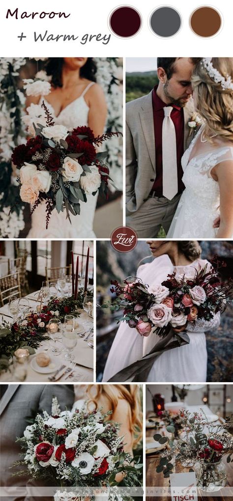 maroon and grey wedding color ideas for fall wedding Maroon And Gray Wedding Theme, Maroon Gray Wedding, Wedding Color Maroon, Maroon Color Wedding Theme, Boho Maroon Wedding, Maroon And Grey Wedding Theme, Grey Wedding Color Schemes, Gray And Maroon Wedding, Maroon And Grey Wedding