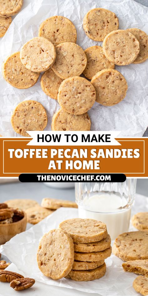 Toffee Pecan Sandies are light and sweet, with a buttery crunch. You’ll love the melt-away texture, flavorful toffee bits, and toasted chopped pecans! Toffee Sandies, Adorable Desserts, Valentines Tea, Toffee Cookie Recipe, Pecan Sandies, Icebox Cookies, Cut Out Cookie Recipe, Crunch Recipe, Melt Recipe