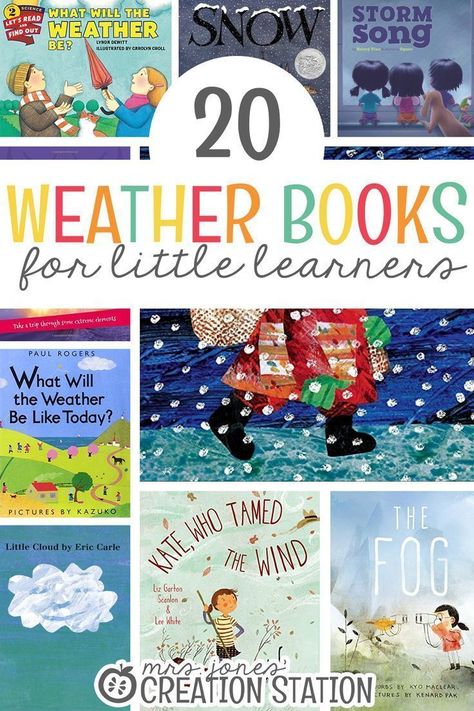 Teaching a weather unit is such a fun unit study to go through with your students either in the classroom or homeschool. They will learn all about clouds, the sun, rain, snow, storms and so much more. Finding weather books to read to them is a great addition to the weather unit. Here are 20 weather books for your students to help you get started with your weather unit. #weather #books #kids #classroom #homeschool Weather Kindergarten, Weather Unit Study, Weather Activities Preschool, Weather Activities For Kids, Weather Books, Preschool Weather, Snow Storms, Weather Theme, Mrs Jones