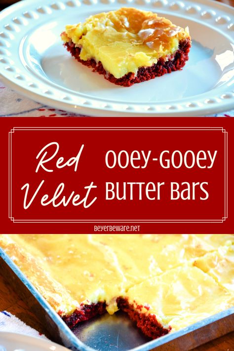 Red Velvet Ooey Gooey Butter Bars are a simple cake mix brownie baked with a cream cheese topping for your new favorite red velvet and cream cheese dessert. #RedVelvet #CakeMix #Dessert #Chocolate #Recipes Ooey Gooey Butter Bars, Red Velvet And Cream Cheese, Gooey Butter Bars, Ooey Gooey Cake, Desert Bars, Ooey Gooey Bars, Cake Mix Brownies, Ooey Gooey Butter Cake, Gooey Cake