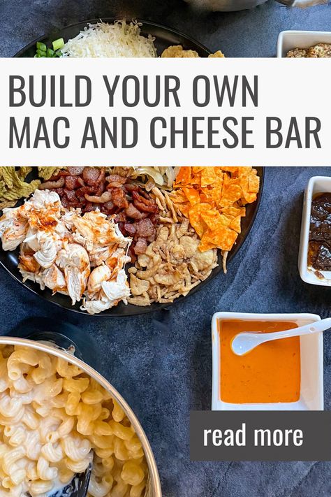 Birthday Party Mac And Cheese, Macaroni Cheese Bar, Mac Cheese Bar Wedding, Toppings For Mac And Cheese Bar, Mac And Cheese Board Ideas, Mac And Cheese Charcuterie Board Ideas, Mac & Cheese Charcuterie Board, Mac N Cheese Charcuterie Board, Macaroni And Cheese Bar Parties