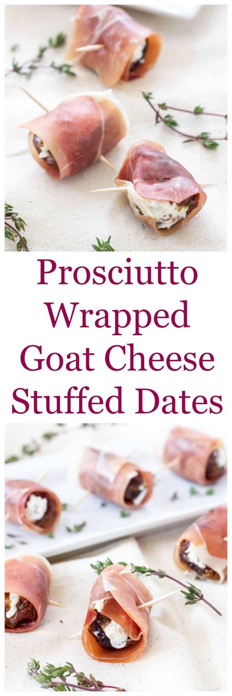 Prosciutto Wrapped Goat Cheese Stuffed Dates | A drool worthy one bite, easy to make, sweet and salty appetizer! | www.reciperunner.com Goat Cheese Stuffed Dates, Cheese Stuffed Dates, Recipe Runner, Dates Stuffed, Wrapped Dates, Easy App, Stuffed Dates, Prosciutto Wrapped, Diy Easy Recipes