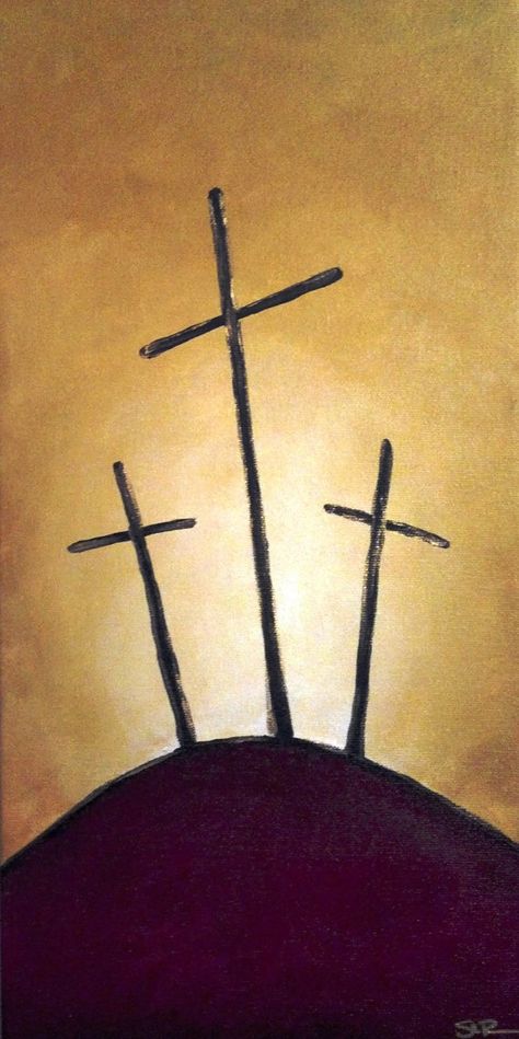 3 cross on a hill Church Painting, Three Crosses, Easter Canvas, Easter Paintings, Wine And Canvas, Cross Art, Easter Art, Cross Paintings, Canvas Acrylic