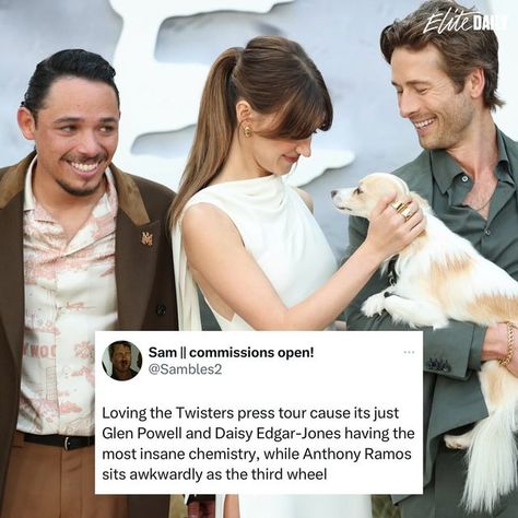 Elite Daily on Instagram: "Stop I’m LIVING for this 😭  📸 #DaisyEdgarJones #GlenPowell #AnthonyRamos #Twisters Press Tour via Getty (Sambles2 on X)" Twisters Fanart, Twister The Movie, Glenn Powell, Movie Collage, Anthony Ramos, Glen Powell, Dinosaur Funny, Movie Memes, Press Tour