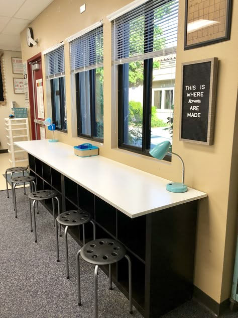 Function and storage in the classroom! Make a counter with two cube organizers and a piece of wood! Cube Organizer Classroom, Portable Classroom Ideas, Breakroom Storage Ideas, L Shaped Teacher Desk In Classroom, Classroom Cube Storage, Portable Classroom Setup Ideas, Portable Classroom Decor, Large Classroom Setup, Flexible Seating Classroom Middle School