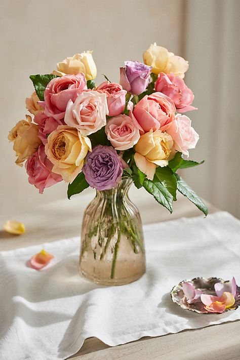 Stunning in its simplicity, this gorgeously colorful bouquet is brimming with 18 stems of assorted Japanese and European garden roses. Garden roses are highy fragrant and special; each one has a unique silhouette. | Fresh Garden Rose Bouquet at Terrain Mixed Roses Bouquet, Pastel Roses Bouquet, Pink Roses Bouquet Aesthetic, Mixed Pink Flower Bouquet, Pink Garden Rose Bouquet, Cute Bouquet, Bright Wedding Bouquet, Garden Rose Bouquet, Peace Rose