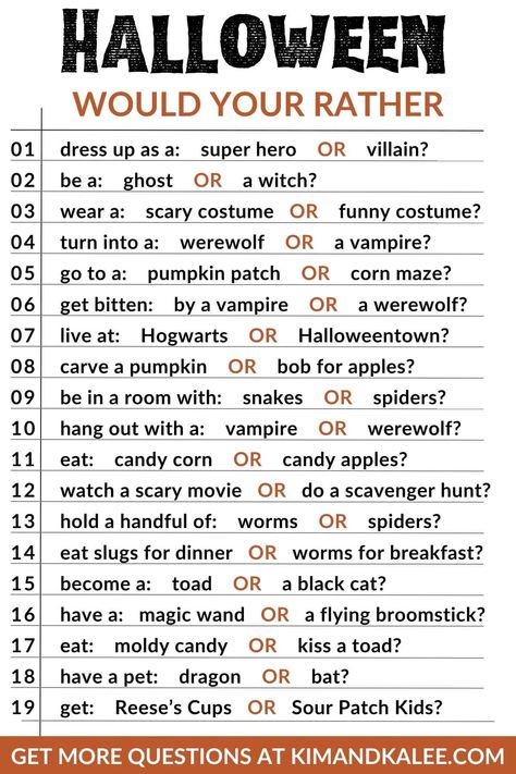 These funny Halloween would you rather questions for kids and adults are the perfect game for the whole family or with your friends! Whether you’re hosting a spooky party for kids or looking to add some laughs to an adult get-together, these funny questions are sure to entertain. No matter who you’re playing with, these... Read More The post Funny Halloween Would You Rather Questions for Kids & Adults appeared first on Kim and Kalee. Halloween Staff Games, Halloween Games Adults Activities, Halloween Word Games For Adults, Halloween Would You Rather For Adults, Halloween Questions For Kids, Would You Rather Halloween Questions, Halloween Would You Rather For Kids, Would You Rather Halloween, This Or That Halloween