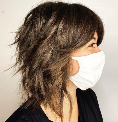 Layered Lob with Curtain Bangs Bob With Thinned Out Ends, Midlength Lob Haircuts, Reverse Shag Haircut, Shoulder Length Shag With Bangs Fine Hair, Chunky Layered Bob, Choppy Textured Lob With Bangs, Shag Lob With Bangs, Shag Bob With Curtain Bangs, Shoulder Length Brown Hair With Bangs