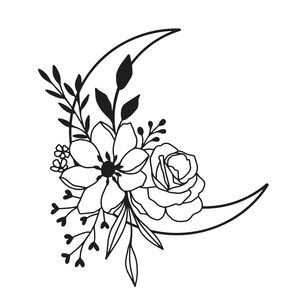 Moon And Flowers, Silhouette Flower, Printable Coloring Pages For Kids, Flower Silhouette, Floral Moon, 1 Tattoo, Tattoo Outline, Silhouette Design Store, Cricut Projects Vinyl