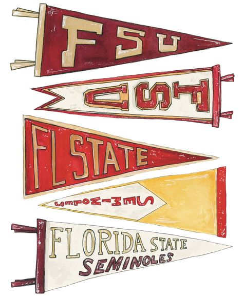 Florida State University Pennants watercolor art print is a print of a my hand drawn, watercolor painting. It features a variety of FSU pennants featuring “Florida State”. the logo, etc. - a classic emblem of school spirit. Go Noles! artxnikki is a licensed Florida State University artist- The University names and logos on this product are registered trademarks of Florida State University.It is printed on a cold press, watercolor textured paper. Acid free, archival, and very sturdy with a matte Umiami Wall Art, University Poster Design Ideas, Fsu Decor, Fsu Spear, Fsu Sorority, College Prints, Horizontal Prints, Wisconsin Art, Florida Art