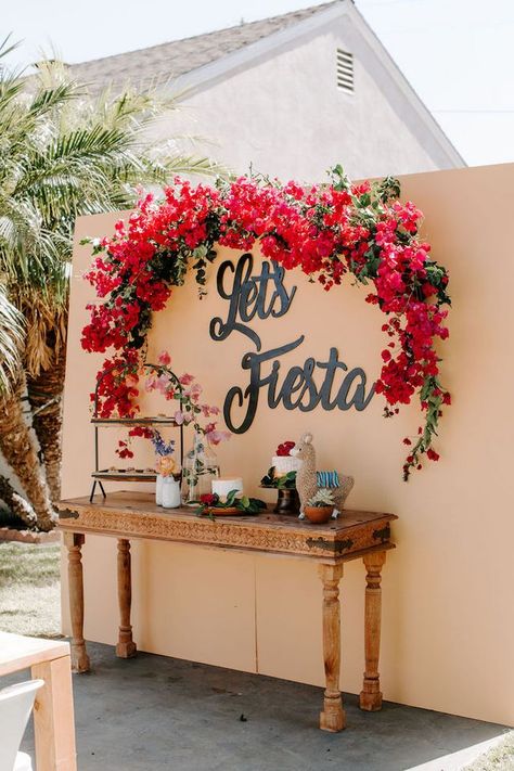 Adorable Frontyard Fiesta Birthday Celebration | Inspired By This | Bloglovin’ Fiesta Theme Birthday Party Adults, Spanish Style Party Decor, Fiesta Engagement Party Decorations, Birthday Mexican Theme Party, Wedding Fiesta Theme, Papel Picado Backdrop, Hacienda Party, Mexico Party Theme, Mexican Style Party