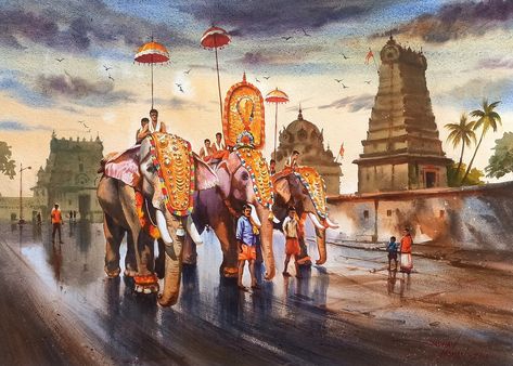 Buy South Indian Temple Painting Original Watercolor Painting Online in India - Etsy Indian Temples Painting, South Indian Art Paintings, Indian Festivals Painting, South Indian Temple Painting, South Indian Culture Painting, South Indian Wall Decor, Temple Illustration Indian, Indian Heritage Paintings, Temple Art Indian