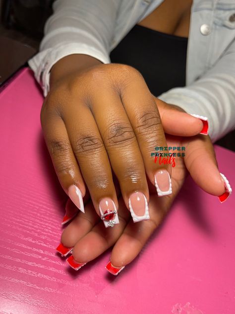 Nail Designs With Red Bottoms, Acrylic Nail Designs Short French Tip, Cute Short Red Nail Designs, Red Under Acrylic Nails, Red Bottom French Tip Acrylic Nails, Custom French Tip Nails, Red And White Nails Black Women, White And Red Nails Acrylic Short, Red And White Nail Ideas Acrylic