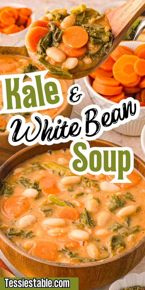 This kale and white bean soup is a cozy, nourishing meal filled with hearty greens, tender beans, and savory broth. Perfect for a light dinner or lunch! #KaleSoup #HealthySoups #ComfortFood Ground Turkey White Bean Kale Soup, Cozy White Bean Soup, Easy White Bean Soup, Kale Soup Recipes Healthy, Ham Soup Crockpot, Kale Bean Soup, White Bean Ham Soup, Bean Kale Soup, Green Bean Soup