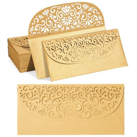 These elegant laser-cut paper envelopes are perfect for giving to family, friends, and loved ones on special days. They come in a shimmery gold color and feature floral swirling designs. The gift envelopes make a great option for gifting cash for weddings, birthdays, graduations, anniversaries, and Christmas. You’ll receive 36 gift envelopes for cash that measure approximately 6.8 x 3.3 inches. Gifts Laser Cut, Christmas Money Holder, Cash Gifts, Laser Cut Paper, Christmas Money, Wedding Money, Gold Money, Wedding Invitation Card Design, Money Holders